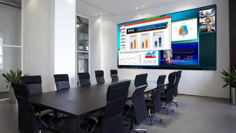 A boardroom with a video wall display.